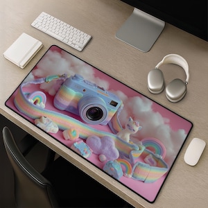 Alfombrilla de escritorio Kawaii con cámara arcoíris - Alfombrilla de escritorio kawaii pastel linda para juegos, alfombrilla de ratón de unicornio y alpaca, regalo, alfombrilla estética de nubes pastel