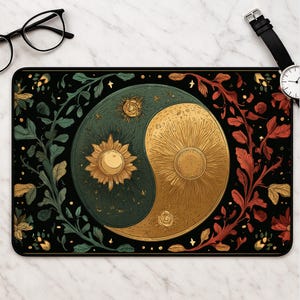 Yin Yang Zon Maan Bureauonderlegger, Smaragdgouden Hemelse Muismat, Botanische Bloemen Muismat, Art Nouveau Bureauonderlegger Cadeau, Toetsenbordmat