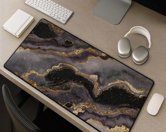 Tapis de bureau en marbre noir et or, tapis de souris en pierre de luxe, tapis de souris en agate foncée, tapis de bureau géode abstrait, cadeau de bureau élégant pour les espaces de travail