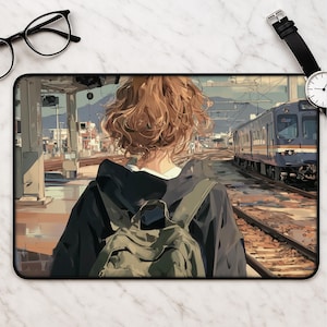 Anime Seoul Train Desk Mat, Morning Railway Station Mousepad, Korean Platform Art, Backpack Traveler Desk Pad, Tracks Mouse Mat