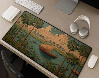 Vintage tropische Fluss Schreibtischmatte - Nautische Mousepad mit Palmen Segelboote Ozean Landschaft Schreibtischunterlage Perfektes Geschenk für Strandliebhaber