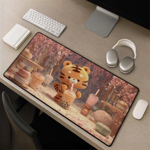 Kawaii Tiger Boba Desk Mat - Pastel Bubble Tea Mouse Pad Cute Mousepad Gift Colorful Large Desk Pad Anime Kawaii Desk Decor Aesthetic