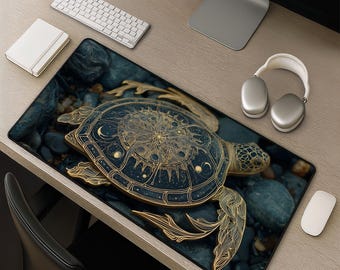 Sea Turtle Desk Mat - Celestial Gold Mandala Moon Phases on Black Ocean groot muismat cadeau voor gamers, kunstenaars en oceaanliefhebbers