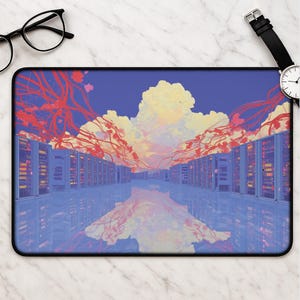 May include: Rectangular mousepad featuring a digital art design. The artwork depicts a server room with a reflective floor, a cloudy sky, and red tree-like structures. The color palette includes blue, yellow, and red.