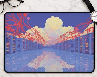 Rechenzentrum Schreibtischmatte - Surreale Spiegelung eines Spiegel mit Regenbogen Kabel und Wolken Mirage für Gamer Büro Laptop Mousepad Kunst