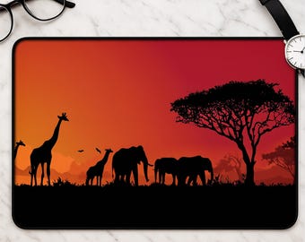 Safari Sunset Schreibtischmatte XL Gaming Mauspad - Afrikanische Giraffe Elefant Savanne Landschaft Geschenk für Naturliebhaber Bunte Schreibtischdeko