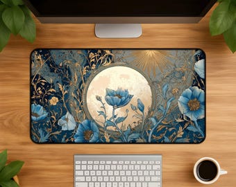 Mond und Sonne Schreibtischmatte - Florales blau-goldenes Mauspad mit botanischen Ranken und Vintage Kunstdruck für Bürogamer