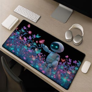Podkładka pod mysz Neon Robot Garden Desk Pad - Kolorowa podkładka pod mysz do gier w stylu motyla, dekoracja biurka w stylu science fiction, prezent dla graczy, entuzjastów technologii, sztuka fantasy