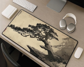 Alfombrilla de escritorio de pino japonés - alfombrilla de ratón con paisaje de tinta sumi, alfombrilla de escritorio grande, alfombrilla de oficina para juegos, estampado de arte zen, minimalista monocromo, regalo para amantes de la naturaleza
