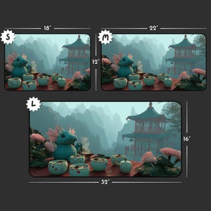 Drakenthee bureaumat - kawaii pagode theeceremonie ontwerp grote gaming-muismat met chrysantenkopjes groenblauw bergmist kunst cadeau voor gamers afbeelding 5