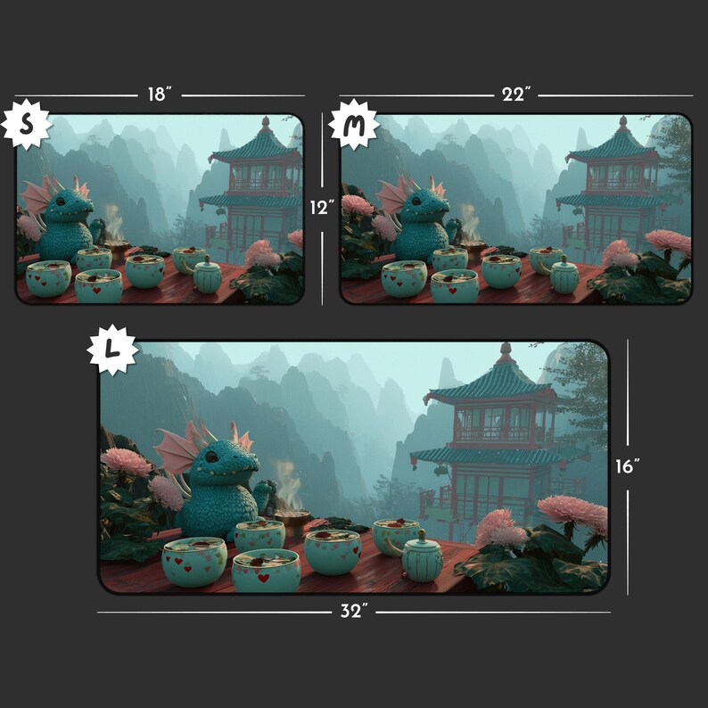 Drakenthee bureaumat - kawaii pagode theeceremonie ontwerp grote gaming-muismat met chrysantenkopjes groenblauw bergmist kunst cadeau voor gamers afbeelding 5