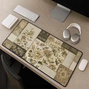 Vintage floral patchwork desk mat - extended mouse pad neutral beige botanical mousepad large gaming accessory floral gift decor