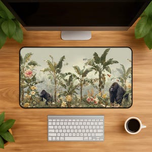 Tropical Gorilla Jungle Desk Mat - Large Tropical Mouse Pad with Gorillas Banana Leaf Botanical Art Wildlife Gift for Wildlife Lovers