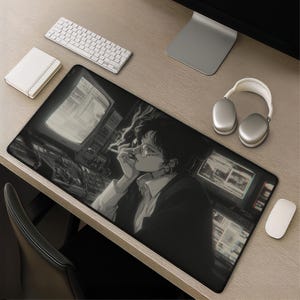 Podkładka na biurko Cyberpunk Anime, retro, monochromatyczna podkładka do gier - ilustracja z grafiką glitch vhs dla graczy i programistów w stylu vintage