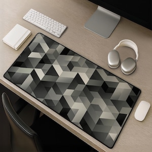Geometric Tessellation Desk Mat, Grayscale Cube Mousepad, Optical Illusion Mouse Pad, Escher Inspired Desk Pad Gift for Modern Office