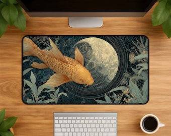 Koi Schreibtischmatte Große Kunst - Amber Koi mit Goldmond botanische Gravur Mousepad Druck für Gaming Büro Geschenk elegant im japanischen Stil