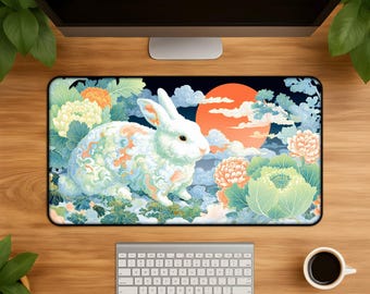 Alfombrilla de escritorio Pastel Moon Bunny - Alfombrilla de ratón con conejo acuarela, alfombrilla de ratón floral kawaii para juegos, alfombrilla de escritorio de regalo para el trabajo y los juegos.