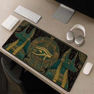 Egyptisk Anubis skrivbordsmatta, Horus öga musmatta, guld hieroglyf musmatta, smaragdgrön forntida Egypten skrivbordsmatta gåva, schakaltempelkonst