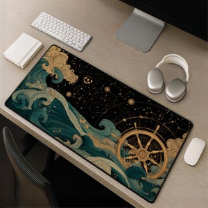May include: A rectangular desk mat featuring a dark background with a gold ship wheel, stylized teal and gold ocean waves, and a celestial map of stars and constellations. The design combines nautical elements with a starry night sky theme.