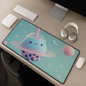 Bubble Tea Planet desk mat - Kawaii pastel boba tea mousepad large gaming desk pad with cute stars mint pink kawaii gift for teens
