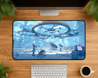 Futuristische Drone Lieferung Schreibtischmatte - Sci Fi Anime Drone Hub Illustration großes Gaming Maus Pad blau futuristische Matte Geschenk für Gamer Tech