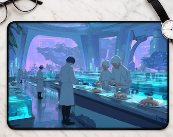 Futuristische Sushi Lab Schreibtischmatte - Cyberpunk Anime Sci Fi neon cyan lila Gaming Maus Pad große Schreibtischmatte mit Sushi Köchen Kunstdruck