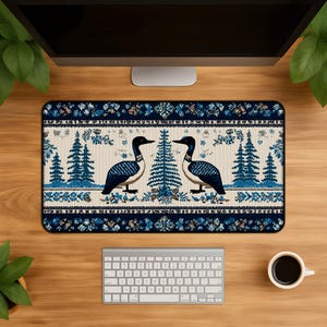 Tapis de bureau cabane Loon Lake - cadeau vintage de tapis de souris Loon sous-vêtement bleu Amoureux de la nature ornithologues amateurs, décoration de la faune, art de la cabane du lac