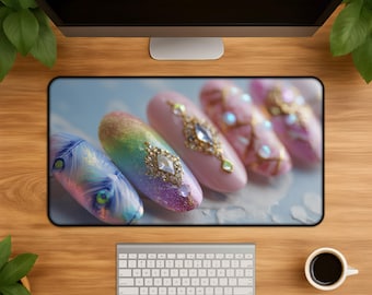 Pfau Schreibtischunterlage Pastell Regenbogen - Kawaii Nail Art Juwel Glitzer Maniküre inspiriertes Mousepad großes Gaming Schreibtischunterlage einzigartiges Geschenk für Sie