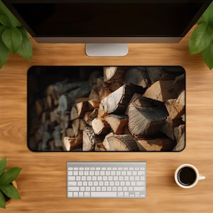 May include: A rectangular desk mat featuring a high-resolution photographic print of a large stack of chopped firewood. The image displays various brown and grey wood logs with visible bark textures and grain patterns, arranged in a dense, rustic pile.
