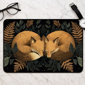 Golden fox desk mat curled - Black fern wreath circular design nature desk mat mousepad for gamers office and nature lovers gift