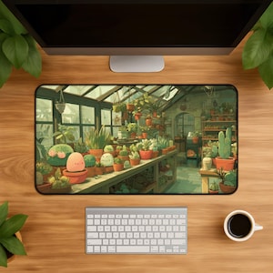 May include: A rectangular desk mat featuring a detailed illustration of a greenhouse interior filled with various potted plants, cacti, and succulents on wooden shelves, including two small, round, light pink and green character figures.