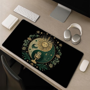 Celestial Podcast Desk Mat, Sun Moon Yin Yang Mousepad, Emerald Gold Botanical Vintage Microphone Art Nouveau Office Mat Decor