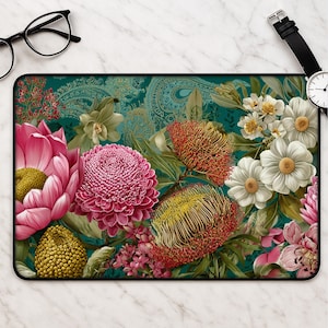 Floral desk mat botanical patchwork - Australian banksia wattle paisley print large floral mousepad gift for women and gardeners