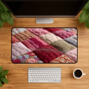 Vintage Patchwork Quilt Desk Mat - Floral Mouse Pad Mousepad Gift for Quilters Rustic Pink Country Desk Pad Decor Large Computer Surface