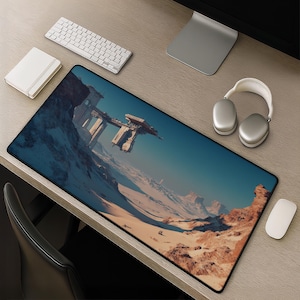 Sci Fi Desert Desk Mat Floating Outpost Landscape Mouse Pad - Futuristic Alien Planet Gaming Accessory Modern Gift for Space Lovers