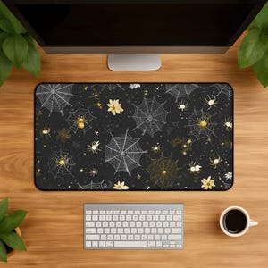 Spooky Gothic Spiderweb Floral Desk Mat - Dark Cute Halloween Mouse Pad Mousepad Gift Gold Spider Daisy Print Desk Pad Protector