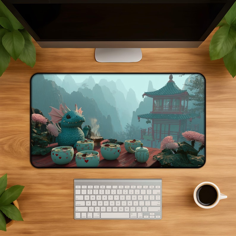 A cute teal dragon enjoys a tea ceremony beside painted chrysanthemum cups on a wooden table.