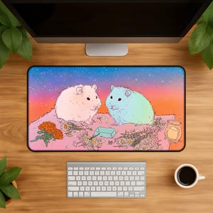 Whimsical Hamster Starry Desk Mat - Pastel Kawaii Mouse Pad Colorful Floral Art Cute Gaming Setup Gift for Pet Lovers and Kawaii Fans