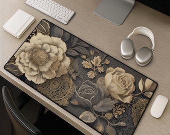 Floral Paisley Schreibtischunterlage elegantes Champagner Gold Patchwork luxe - Vintage inspiriertes großes florales Mousepad für Büro Geschenke und Dekor