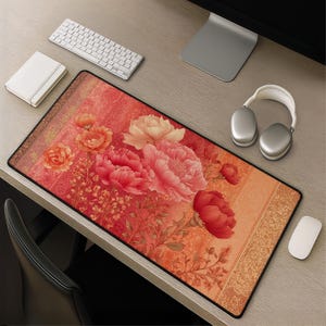May include: A rectangular desk mat featuring a floral design with large pink and peach peonies. The mat has a dark border and a decorative pattern along the edges. A keyboard, mouse, and headphones are visible.