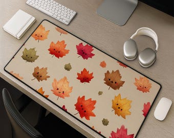 Cute Autumn Maple Leaves Desk Mat - Kawaii Fall Mouse Pad Watercolor Leaf Pattern Cozy Office Gift Idea for Cozy Gaming Desk Setup