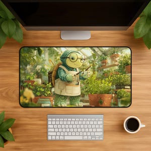 May include: A rectangular desk mat featuring a green turtle wearing round glasses and a beige apron, standing in a greenhouse filled with potted plants. The turtle holds a small paintbrush, surrounded by various green foliage and terracotta pots.