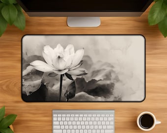 Zen Lotus Blume Schreibtischmatte - Minimalist Aquarell Mousepad Ink Wash Kunst Neutral Floral Büro Dekor Geschenk Ruhe Arbeitsplatz Zen Stil
