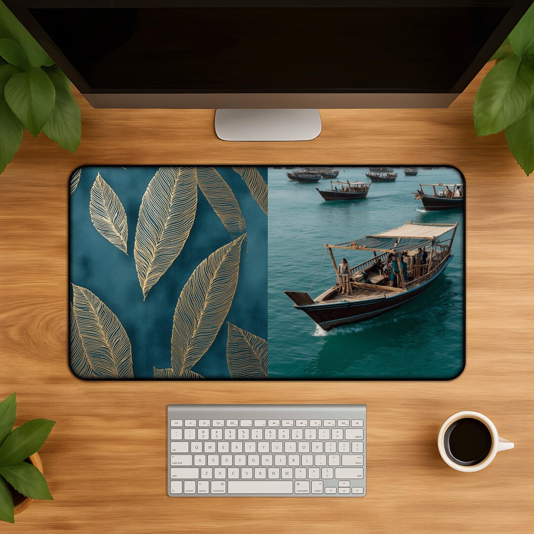 Qatari Dhow Boats Desk Mat - Gold Palm Leaf Teal Marine Pattern Large ...