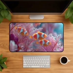 Clownfish Coral Reef Desk Mat, Pastel Aquarium Mousepad, Tropical Ocean Mouse Pad Gift, Soft Pink Coral Desk Pad for Office Decor