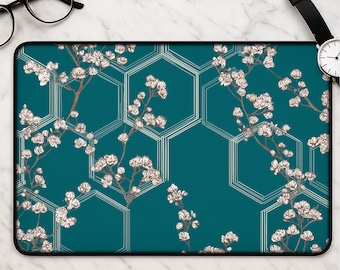 Blumenschreibtischmatte blaugrün Hexagon - Blütenmuster moderne minimalistische geometrische Mousepad für Büroarbeitsplatz und durchdachte Geschenkidee