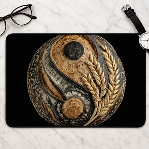Sourdough bread desk mat - yin yang loaf art with wheat and gold scoring rustic bakery gift mousepad for bakers and food lovers