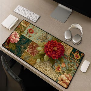 Vintage Floral Patchwork Desk Mat - Botanical Mouse Pad Mousepad Vintage Desk Pad Gift Idea Large Floral Keyboard Mouse Rug Mat Protector