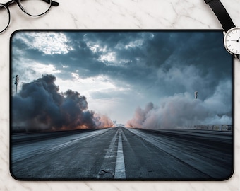 Drag Race desk mat panoramic - dramatic burnout track print gaming mousepad for car enthusiasts and motorsport fans unique gift