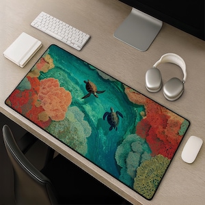Alfombrilla de escritorio con diseño de tortuga marina y arrecife oceánico - Alfombrilla de ratón tropical grande para gamers. Regalo artístico colorido con diseño de coral para amantes del océano.